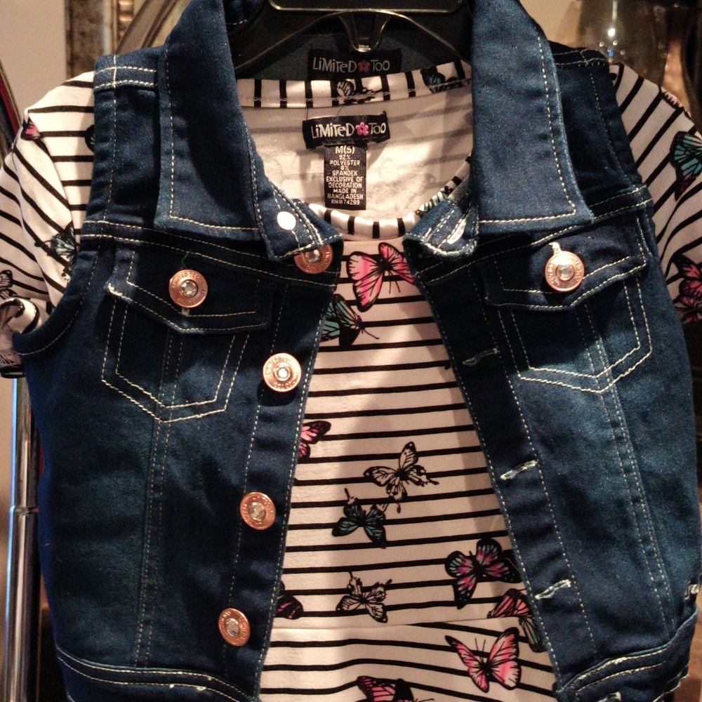 FINAL PRICE NWT Limited Too Black/White Striped Dress w Butterflies & Denim Vest - Picture 7 of 8